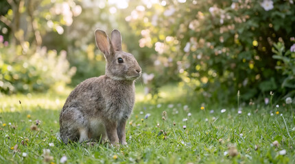 Fototapeta premium Wild Rabbit Sitting Peacefully on Green Grass in a Sunny Garden