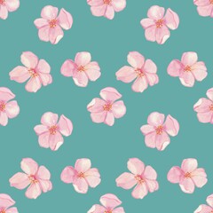 seamless pattern with pink cherry blossoms fabric event vintage watercolor hand drawn on green background.