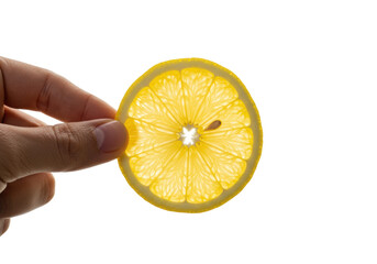 Fair-skinned hand presents a vibrant, glistening lemon slice, hyperrealistic detail on white background with dramatic shadows, extreme close-up macro food photography, citrus branding concept