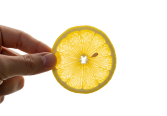 Fair-skinned hand presents a vibrant, glistening lemon slice, hyperrealistic detail on white background with dramatic shadows, extreme close-up macro food photography, citrus branding concept