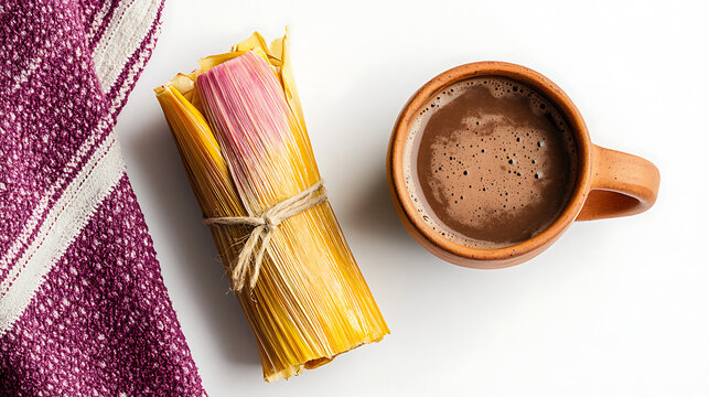 Traditional Mexican Tamale and hot chocolate, steamed corn dough in husk, Champurrado drink in clay mug, white background top view, Latin American breakfast food.

