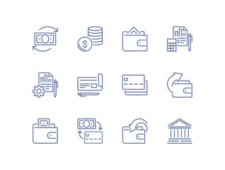 Minimal finance and payment line icon set including wallet, money transfer, credit card, banking document, invoice, accounting report and financial transaction symbols linear flat vector illustration.