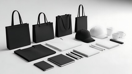 Black and white office supplies and accessories on white surface bags notebooks pens