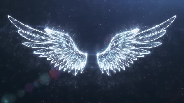 Ethereal Glowing Angel Wings Formed by Sparkling Particles Against a Dark Cosmic Background, Symbolizing Freedom, Spirituality, and Divine Grace