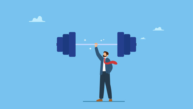 Strong businessman show his strength by easy lifting heavy weight. Business Strengths, strong power to get job done and success, career challenge or winning skill with strong leadership.