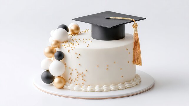 Graduation cake celebrating academic achievement, decorated with a black mortarboard golden and tassel