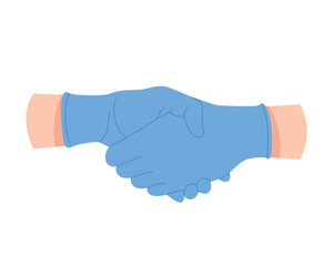 Handshake of doctors, nurses in blue sterile gloves shake hands vector illustration