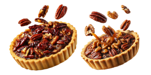 Sweet glazed pecan tart pie with golden crust and caramelized nut topping, isolated on white background, concept of dessert