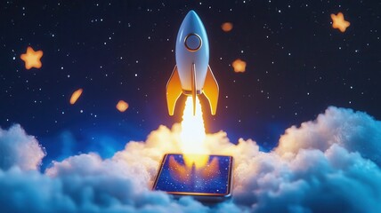 Rocket taking off a mobile phone screen, representing fast business start, data technology network and development,