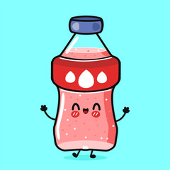 Cute happy pink soda bottle cartoon mascot character