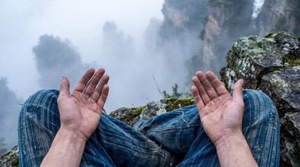 Man Meditating on Mountain Cliff