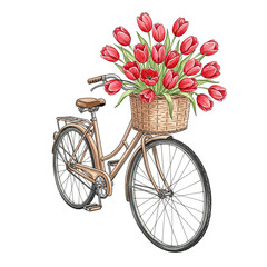 Vintage bicycle with basket full of red tulips in soft pastel style