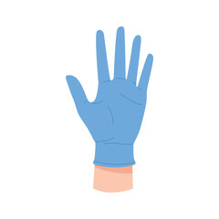 Fototapeta premium Hand of doctor in latex sterile blue glove, raised open palm vector illustration