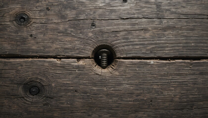 Close-up of weathered wooden planks with metal screw