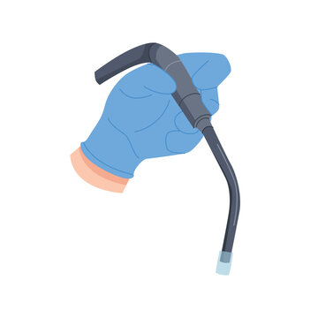 Dentist hand in rubber glove holding suction dental device vector illustration