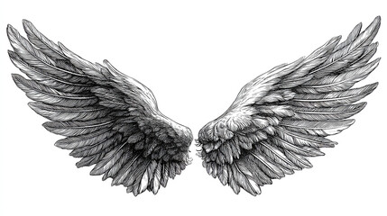 Obraz premium A detailed illustration of a pair of wings with feathers on a white background