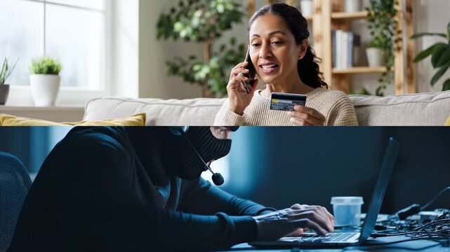  African-American woman holding credit card and talking on phone with scammer at home, senior female victim of online crime, cyber fraud and internet financial scam concept