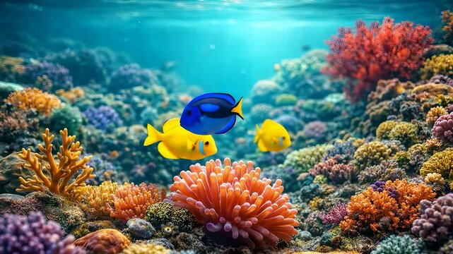 Vibrant Coral Reef Scene with Blue Tang and Yellow Fish Swimming Underwater