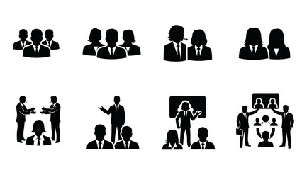 Black silhouettes representing business people in different teamwork scenarios