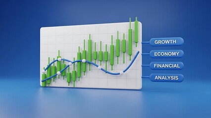 3 D financial graph with green candlesticks and blue lines on white grid background with growth economy financial