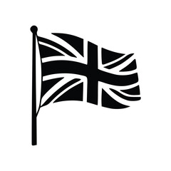A black and white illustration of the United Kingdom's Union Jack flag waving on a flagpole against a white background.