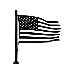 A black and white illustration of the American flag waving on a flagpole.