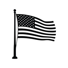 A black and white illustration of the American flag waving on a flagpole.