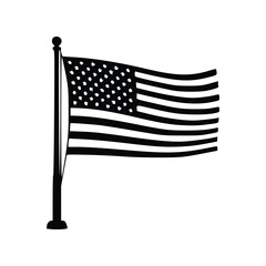 A black and white illustration of the American flag waving on a flagpole.