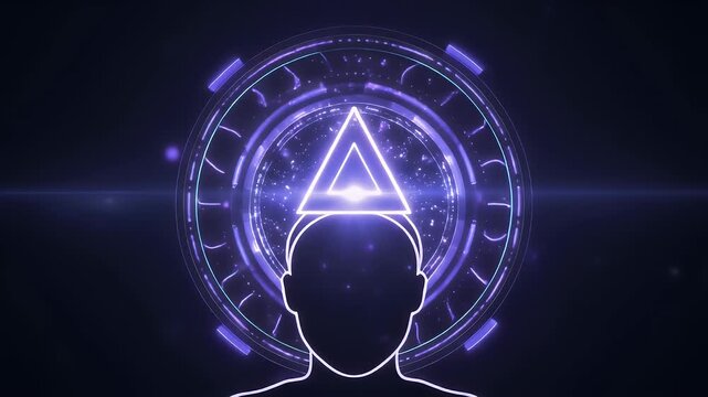 Exploring the enlightened mind concept within a futuristic digital realm, manifesting abstract wisdom and innovative ideas through geometric precision and glowing energy