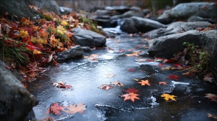 Frozen autumn creek with fallen leaves