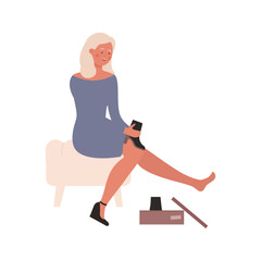 Woman sitting on chair in fashion store to try on new autumn boots on seasonal sales vector illustration