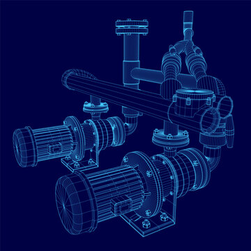 A 3D wireframe model of an electric centrifugal pump, featuring detailed pistons, valves, and internal components on a solid blue background.