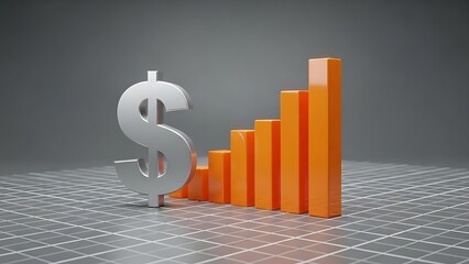 3 D dollar sign beside increasing orange bar graph on grid surface