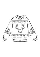 Vertical Christmas Sweater Coloring Page with Cute Reindeer Head Pattern, Festive Holiday Knit Design for Kids, Cozy Winter Line Art Illustration, Printable EPS Vector, ISO A1