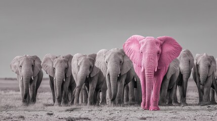 Pink elephant among grey elephants