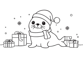 Horizontal Coloring Page of a Cute Baby Seal Wearing Hat and Scarf Standing Beside Gift Boxes, Winter Holiday Kids Coloring Book Illustration, Adorable Line Art, Printable EPS Vector, ISO A1