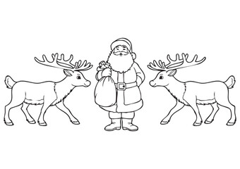 Horizontal Christmas Coloring Page with Santa Claus Standing in the Center Holding a Gift Sack, Two Reindeer on Each Side, Festive Kids Line Art Illustration, Printable EPS Vector, ISO A1