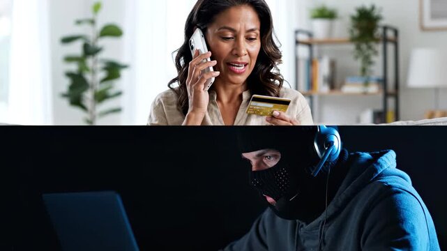  African-American woman holding credit card and talking on phone with scammer at home, senior female victim of online crime, cyber fraud and internet financial scam concept