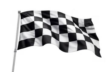 Checkered racing flag waving on pole against transparent background representing victory, success, and finish line achievement in motorsport