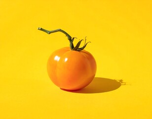 A singular, ripe, yellow tomato is centrally positioned, casting a shadow on a bright yellow backdrop. The stem is visible