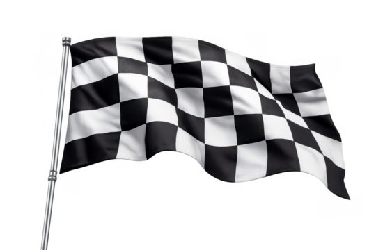 Checkered racing flag waving on pole against transparent background representing victory, success, and finish line achievement in motorsport - Powered by Adobe