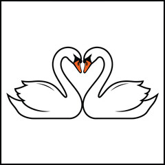 Two swans forming a heart shape in simple line art style with orange beaks on white background for romantic symbol