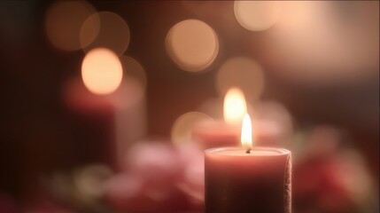 Softly glowing candles illuminate a serene setting, creating a warm and inviting atmosphere with gentle bokeh effects in the background.