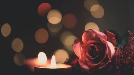 A soft-focus image featuring a pink rose beside flickering candles, creating a romantic ambiance with a warm, dreamy background.