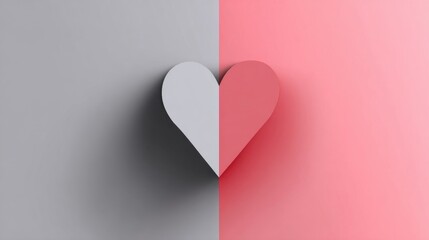 A minimalistic heart shape split between gray and pink backgrounds, symbolizing love and emotion.
