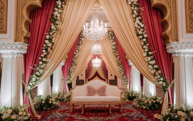 Grand North Indian Mughal-Inspired Wedding Decor with Golden Arches, Chandeliers and Floral Arrangements