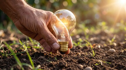 Human hand planting a glowing light bulb in soil symbolizing innovation, green energy and sustainable ideas growth