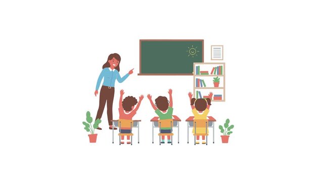 Cartoon vector illustration set of a smiling Teacher teaching her students in the classroom
