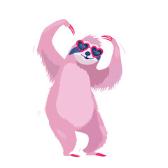 Cute dancing sloth wearing heart-shaped glasses on a white background. Playful romantic vector illustration perfect for Valentine&rsquo;s Day designs, love cards, stickers, and social media graphics.