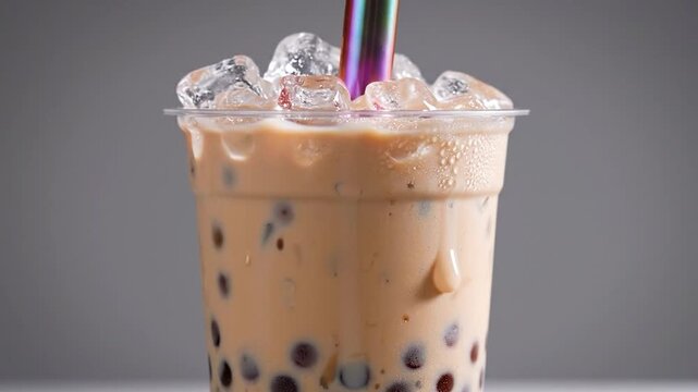 Creamy bubble tea with ice, visible boba pearls, condensation, and a metallic straw